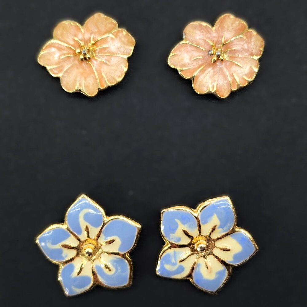 Vintage Dogwood Cloisonne Enamel Earrings Set of 2 Pairs